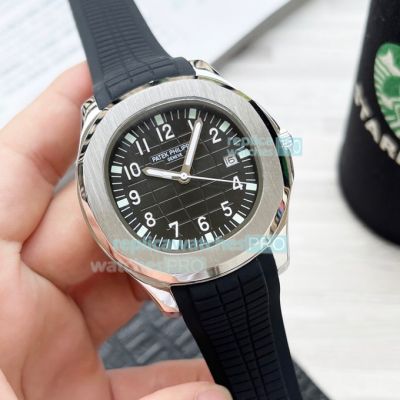 Replica Patek Philippe Aquanaut Rubber Strap Black Face Silver Bezel Watch 40mm